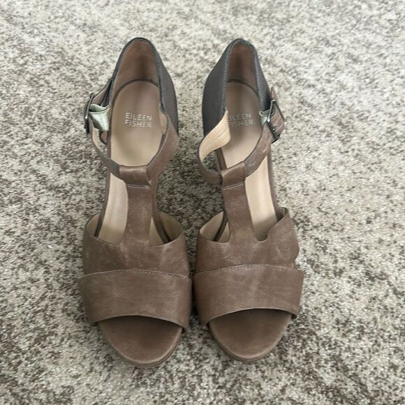 Eileen Fisher Tan Platform Wedge Heeled Leather Sandals 9.5 - Picture 2 of 8